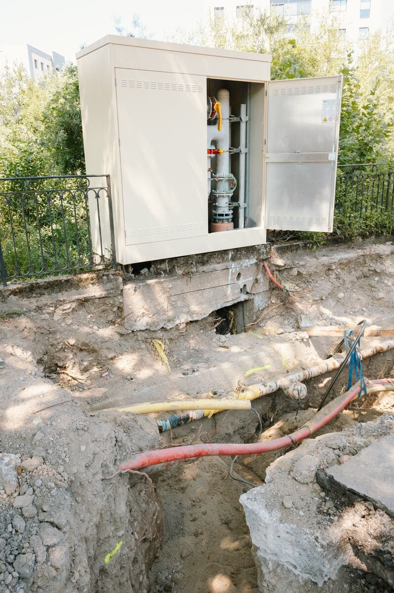 Armoire technique et réseaux dégagés au pied d'un talus