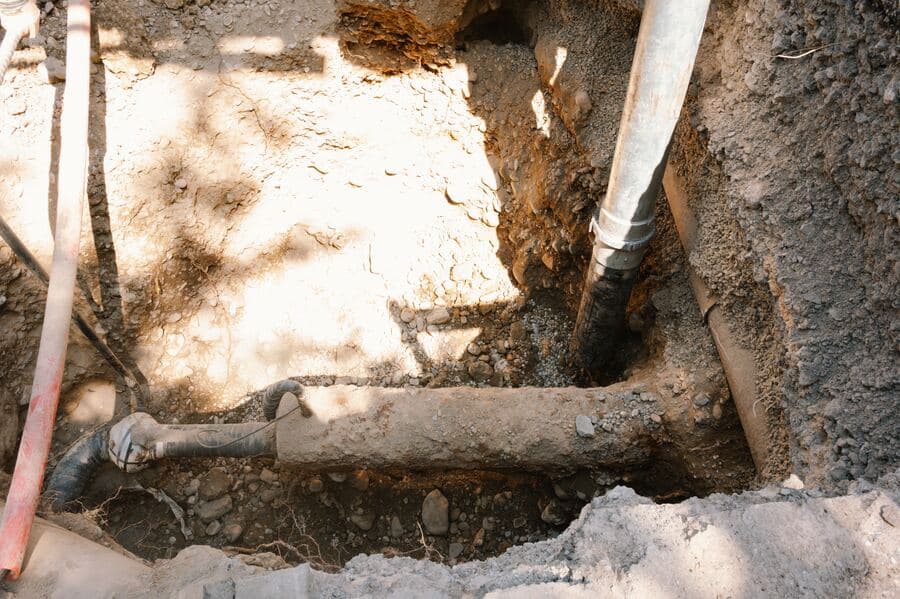 Canalisation dégagée sur toute sa longueur au fond de la fouille